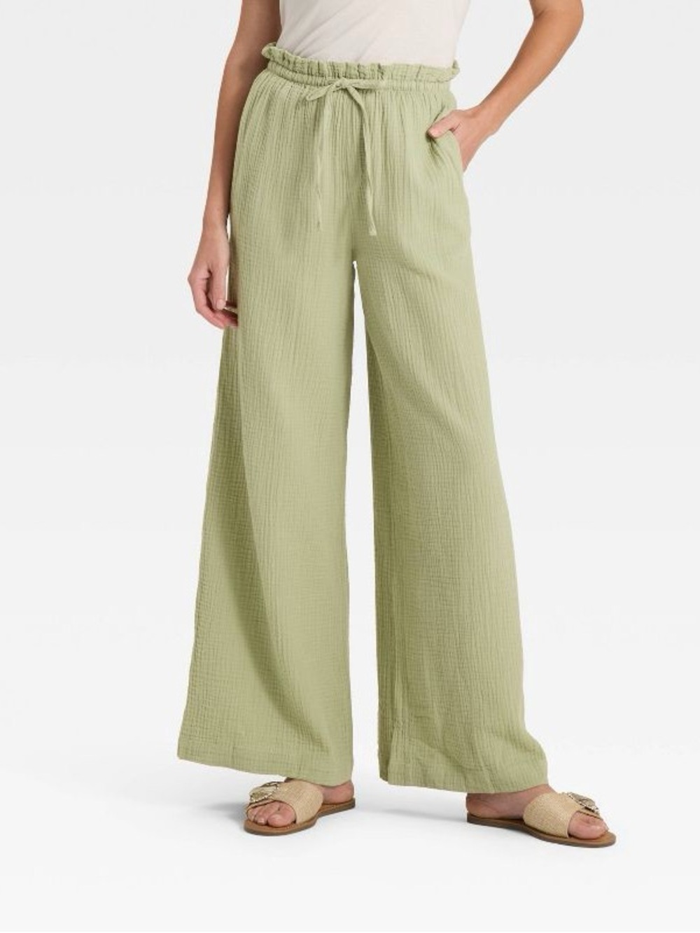 Universal Thread Wide-Leg Drawstring Gauze Cotton Pants in Olive Green Var Sizes - Picture 1 of 11